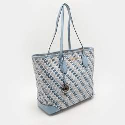 Pre Owned Michael Kors Light Blue/White Signature Coated Canvas and Leather Large Eva Tote