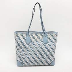 Pre Owned Michael Kors Light Blue/White Signature Coated Canvas and Leather Large Eva Tote