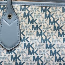 Pre Owned Michael Kors Light Blue/White Signature Coated Canvas and Leather Large Eva Tote