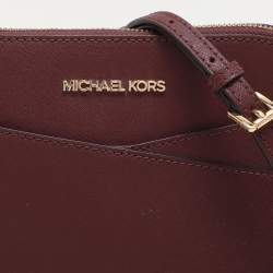 Pre Owned Michael Kors Burgundy Leather Medium Jet Set Travel Dome Crossbody Bag