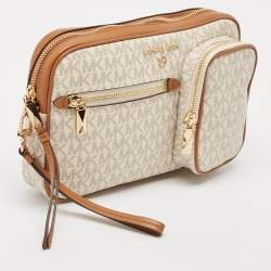 Michael Kors Beige/Brown Signatur Canvas Jet Set Travel Wristlet Pouch