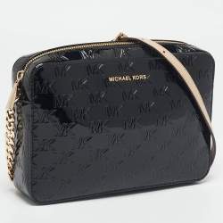 Pre Owned Michael Kors Black Monogram Patent Leather Large Jet Set Crossbody Bag