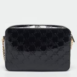 Pre Owned Michael Kors Black Monogram Patent Leather Large Jet Set Crossbody Bag