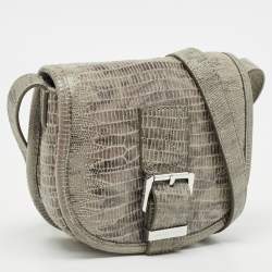Michael Kors Grey Lizard Embossed Leather Buckle Flap Crossbody Bag