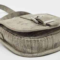 Michael Kors Grey Lizard Embossed Leather Buckle Flap Crossbody Bag