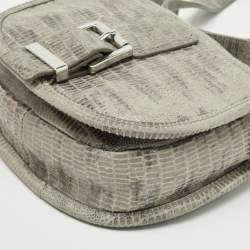 Michael Kors Grey Lizard Embossed Leather Buckle Flap Crossbody Bag