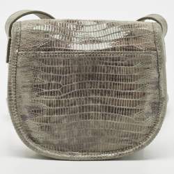 Michael Kors Grey Lizard Embossed Leather Buckle Flap Crossbody Bag