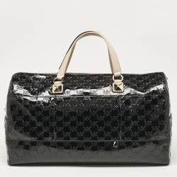 Pre Owned Michael Kors Black Embossed Logo Patent Fabric Extra large Grayson Weekender Bag