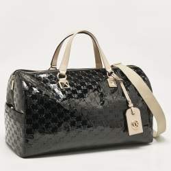 Pre Owned Michael Kors Black Embossed Logo Patent Fabric Extra large Grayson Weekender Bag