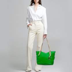 Pre Owned Michael Kors Green/Beige Leather Jet Set Top Zip Tote