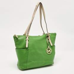 Pre Owned Michael Kors Green/Beige Leather Jet Set Top Zip Tote