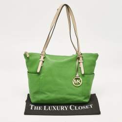 Pre Owned Michael Kors Green/Beige Leather Jet Set Top Zip Tote