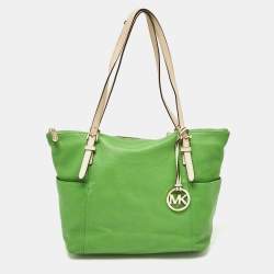 Pre Owned Michael Kors Green/Beige Leather Jet Set Top Zip Tote