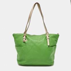 Pre Owned Michael Kors Green/Beige Leather Jet Set Top Zip Tote