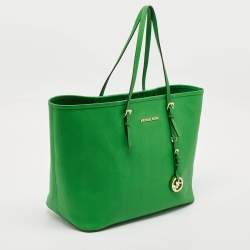 Pre Owned Michael Kors Green Leather Large Jet Set Travel Tote