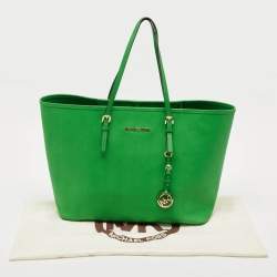 Pre Owned Michael Kors Green Leather Large Jet Set Travel Tote