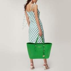 Pre Owned Michael Kors Green Leather Large Jet Set Travel Tote