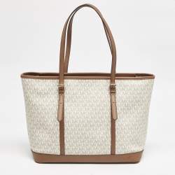 Michael Kors Brown/White Signature Coated Canvas Jet Set Travel Tote