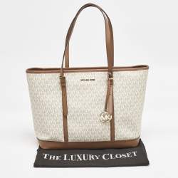 Michael Kors Brown/White Signature Coated Canvas Jet Set Travel Tote