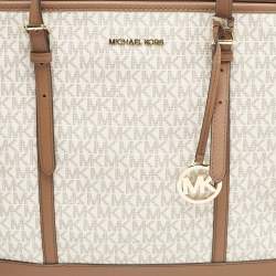 Michael Kors Brown/White Signature Coated Canvas Jet Set Travel Tote