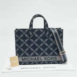 Pre Owned Michael Kors Navy Blue Logo Jacquard Canvas Large GIgi Tote
