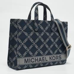 Pre Owned Michael Kors Navy Blue Logo Jacquard Canvas Large GIgi Tote