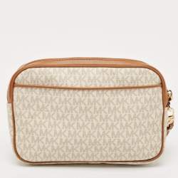 Michael Kors White/Brown Signature Coated Canvas Jet Set Travel Pouch