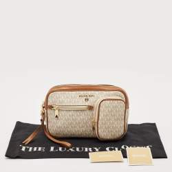 Michael Kors White/Brown Signature Coated Canvas Jet Set Travel Pouch