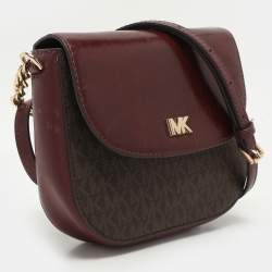 Pre Owned Michael Kors Burgundy/Brown Signature Coated Canvas and Leather Mott Crossbody Bag