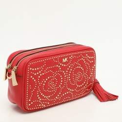 Pre Owned Michael Kors Red Leather Rose Studded Crossbody Bag