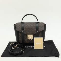 Pre Owned Michael Kors Brown/Black Leather and PVC Medium Manhattan Top Handle Bag