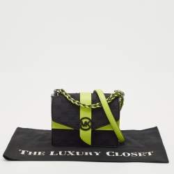 Pre Owned Michael Kors Black/Green Signature Fabric and Leather Small Greenwich Shoulder Bag