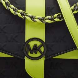 Pre Owned Michael Kors Black/Green Signature Fabric and Leather Small Greenwich Shoulder Bag