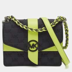 Pre Owned Michael Kors Black/Green Signature Fabric and Leather Small Greenwich Shoulder Bag
