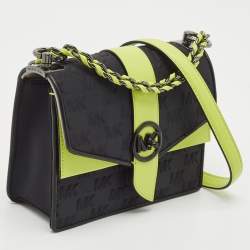 Pre Owned Michael Kors Black/Green Signature Fabric and Leather Small Greenwich Shoulder Bag