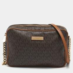 Michael Kors Brown Signature Coated Canvas and Leather Jet Set Crossbody Bag