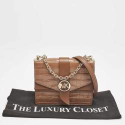 Michael Kors Brown Croc Embossed Leather Small Greenwich Crossbody Bag