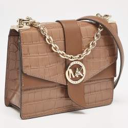 Michael Kors Brown Croc Embossed Leather Small Greenwich Crossbody Bag