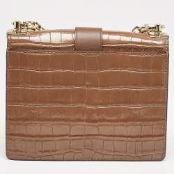 Michael Kors Brown Croc Embossed Leather Small Greenwich Crossbody Bag