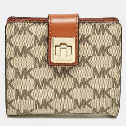 Pre Owned Michael Kors Beige/Orange Signature Coated Canvas Natalie Heritage Compact Wallet