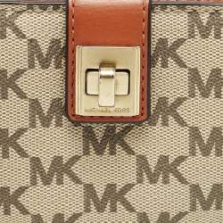 Pre Owned Michael Kors Beige/Orange Signature Coated Canvas Natalie Heritage Compact Wallet