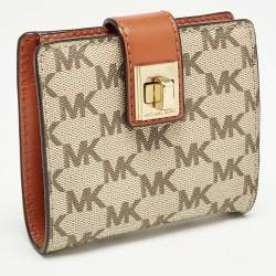 Pre Owned Michael Kors Beige/Orange Signature Coated Canvas Natalie Heritage Compact Wallet