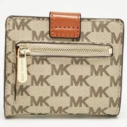 Pre Owned Michael Kors Beige/Orange Signature Coated Canvas Natalie Heritage Compact Wallet
