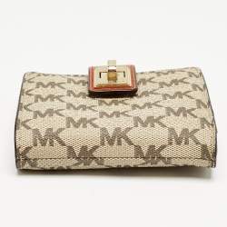 Pre Owned Michael Kors Beige/Orange Signature Coated Canvas Natalie Heritage Compact Wallet