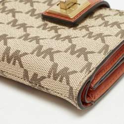 Pre Owned Michael Kors Beige/Orange Signature Coated Canvas Natalie Heritage Compact Wallet