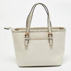 Pre Owned Michael Kors Off White Saffiano Leather Extra-Small Jet Set Travel Tote