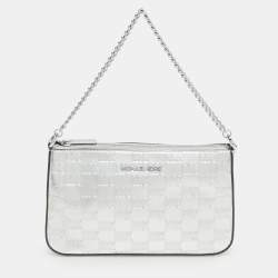 Michael Kors Silver Logo Embossed Leather Jet Set Medium Crossbody Bag