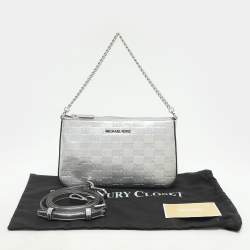 Michael Kors Silver Logo Embossed Leather Jet Set Medium Crossbody Bag