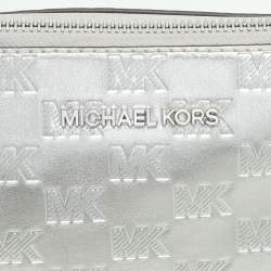 Michael Kors Silver Logo Embossed Leather Jet Set Medium Crossbody Bag