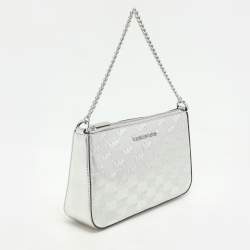 Michael Kors Silver Logo Embossed Leather Jet Set Medium Crossbody Bag